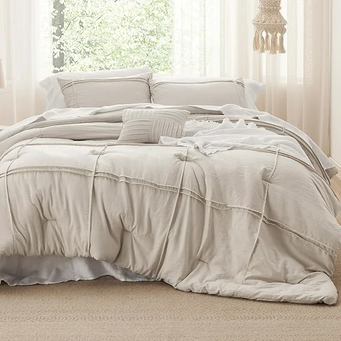 Sustainable Bedsure California King Comforter Set - 4 Pieces Grid Pleat Bed Set Beige Boho Bedding for All Season 1 Soft Comforter 2 Pillowcases 1 Decorative Pillow Long-Lasting