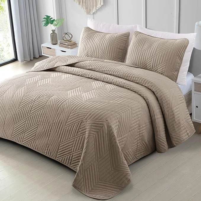 Convenient Exclusivo Mezcla Ultrasonic Full Queen Quilt Bedding Set Lightweight Taupe Bedspreads Soft Modern Geometric Coverlet Set for All Seasons 1 Quilt and 2 Pillow Shams Breathable