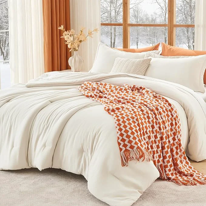 High-End MUXHOMO Queen Comforter Set All Season Ultra Soft Down Bedding - 3 Piece Lightweight Bed Set Includes 1 Comforter 90 quot x90 quot and 2 Pillow Shams 20 quot x26 quot Ivory Natural