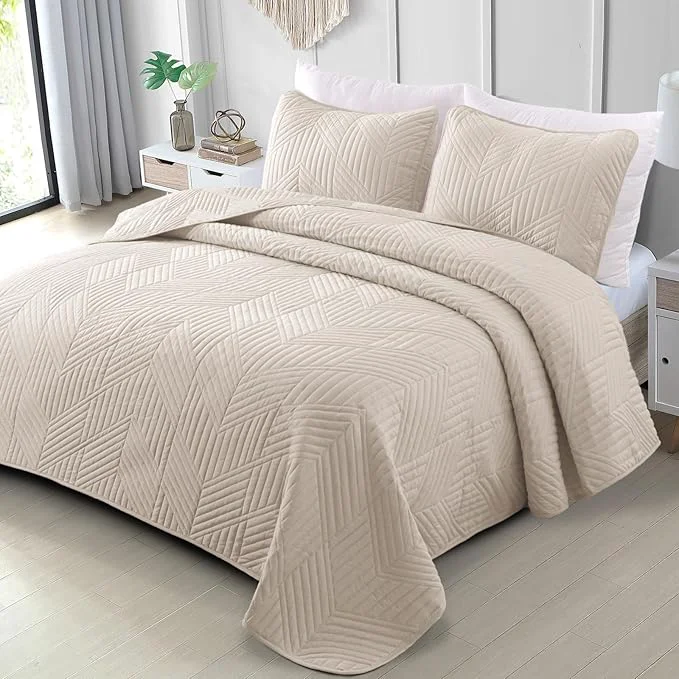 Consistent Exclusivo Mezcla Ultrasonic Twin Quilt Bedding Set Lightweight Brich Beige Bedspreads Soft Modern Geometric Coverlet Set for All Seasons 1 Quilt and 1 Pillow Sham Dependable