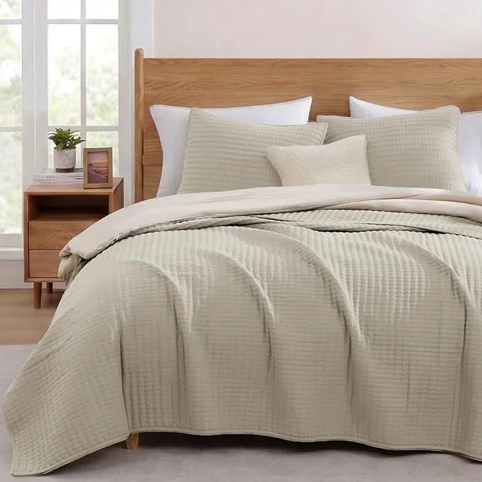 Optimized WRENSONGE King Size Quilt-3 Pieces Lightweight Bedspreads Light Oatmeal King Quilt Bedding Set for All Seasons Soft Summer Coverlet with 2 Pillow Shams Suitable for Bed Couch Quilt Blanket Advanced