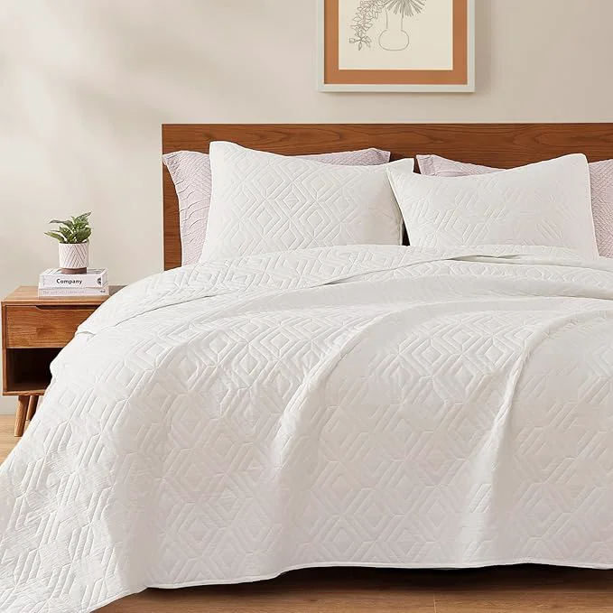 Stylish WRENSONGE Queen Quilt-3 Pieces Geometric White Bedspreads Queen Size Quilt Bedding Set for All Seasons Soft Summer Coverlet with 2 Pillow Shams Suitable for Bed Couch Quilted Blanket Trusted