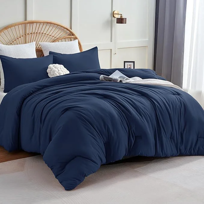 Smart CozyLux Oversized Queen Comforter Set Navy Blue 3 Pieces 98x98 Solid Breathable Quilted Bedding Sets for All Season Luxury Soft Lightweight Bed Set with Down Comforter and 2 Pillowcases High-Performance