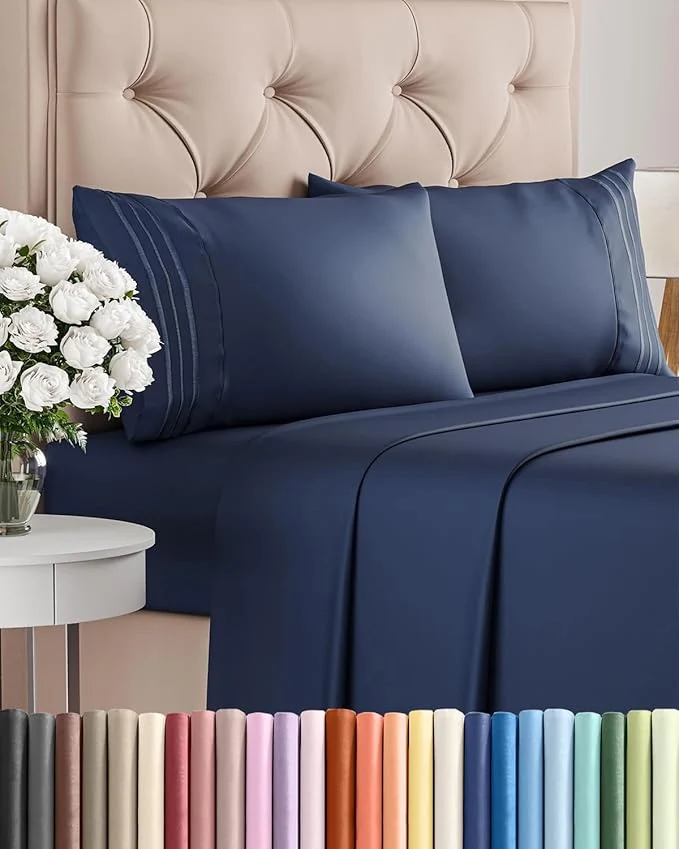 Dependable Cal King Size 4 Piece Sheet Set - Comfy Breathable amp Cooling Bed Sheets Set - Hotel Luxury Bedding for Women Men Kids Teens Boys amp Girls - Deep Pockets Soft Wrinkle - Oeko-Tex - Navy Blue Premium Material