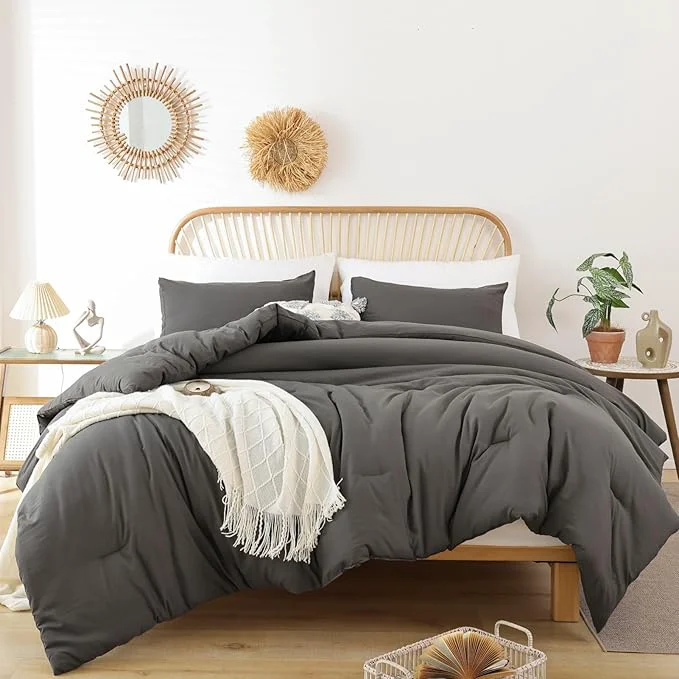 Breathable ROSGONIA King Size Comforter Set Charcoal Grey 3pcs 1 Dark Gray Comforter amp 2 Pillowcases All Season Bedding Lightweight Bedspread Blanket Quilt Top-Quality