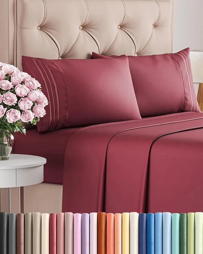 Environmentally Friendly Cal King Size 4 Piece Sheet Set - Comfy Breathable amp Cooling Bed Sheets Set - Hotel Luxury Bedding for Women Men Kids Teens Boys amp Girls - Deep Pockets Soft Wrinkle - Oeko-Tex - Burgundy First-Class