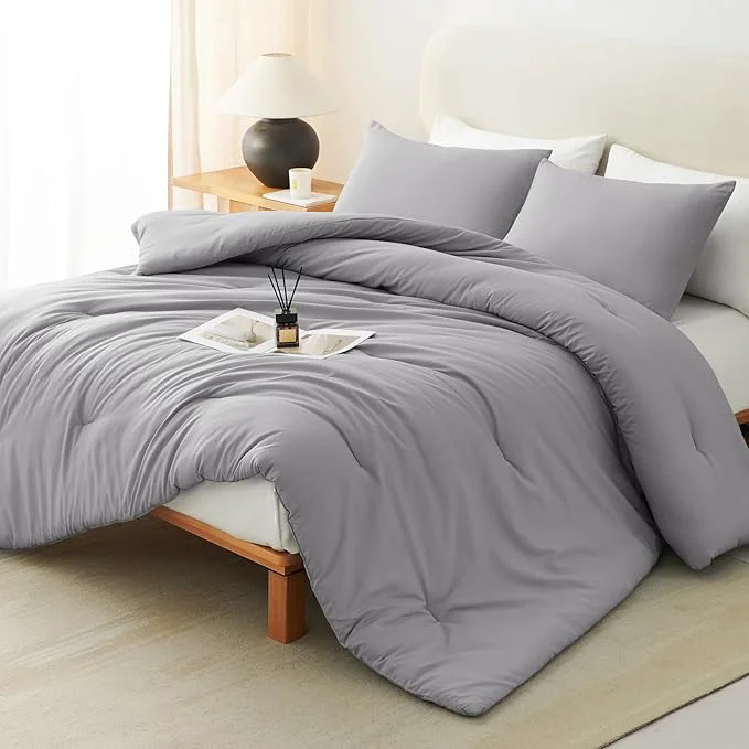 Minimalist CozyLux Queen Comforter Set Grey 3 Pieces Solid Comforters Queen Size Breathable Bedding Sets Gray Luxury Soft Lightweight Bed Set with Down Comforter and 2 Pillowcases for All Seasons Enhanced