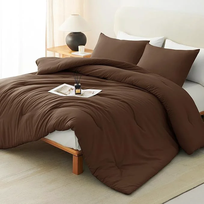 Original CozyLux King Size Comforter Set Brown 3 Pieces Solid Comforters King Size Breathable Quilted Bedding Sets Luxury Soft Lightweight Bed Set with Down Comforter and 2 Pillowcases All Season Detailed