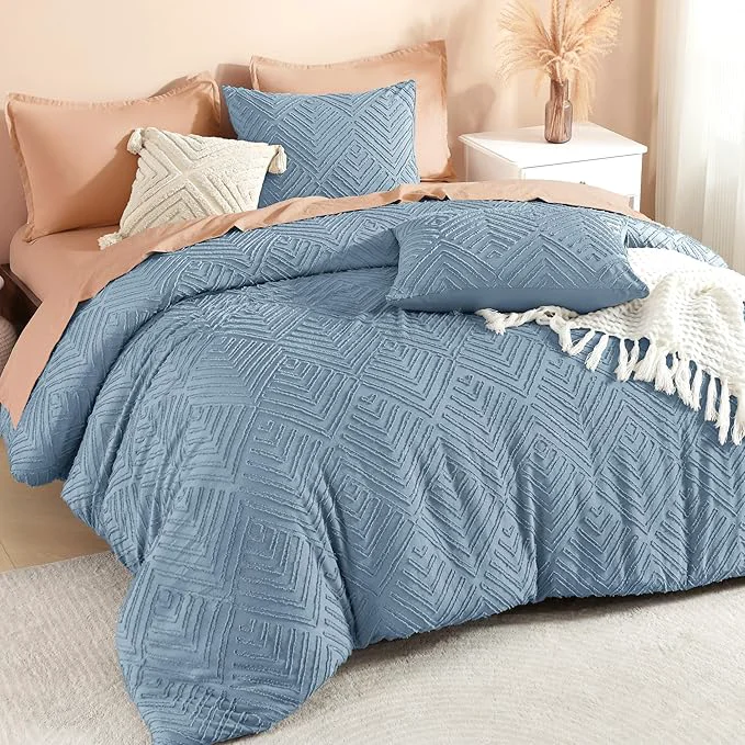Comfortable Litanika Grayish Blue Super King Plus Comforter 3 Pieces Tufted Boho Farmhouse Bedding Sets Lightweight Fluffy Bed Set for All Season 128x120In Comforter and 2 Pillowcases Unique