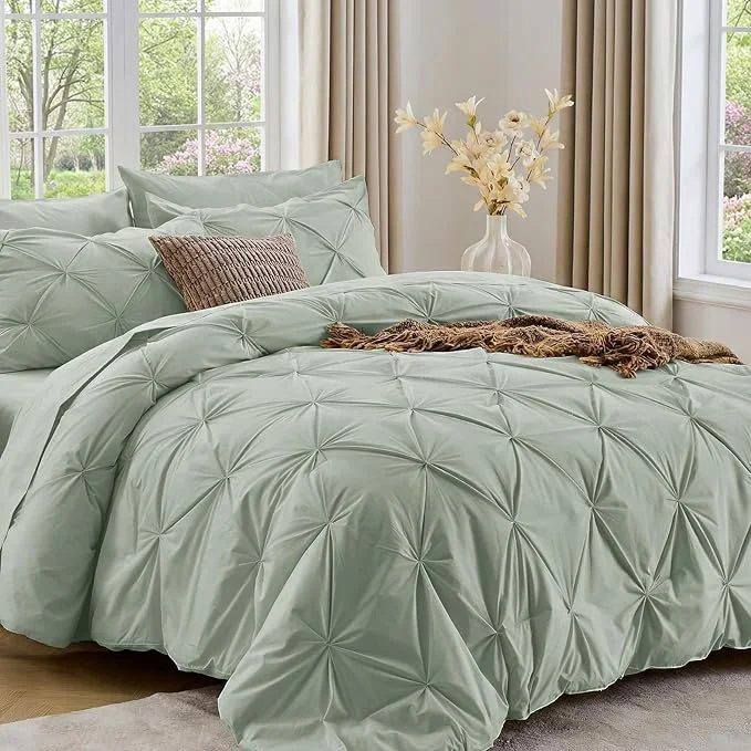 Durable Sasttie California King Comforter Set 7-Piece Bed in a Bag Pintuck Bedding Sets for All Season Includes Comforter Flat Sheet Fitted Sheet Pillowcases and Pillowshams Dusty Green Proven