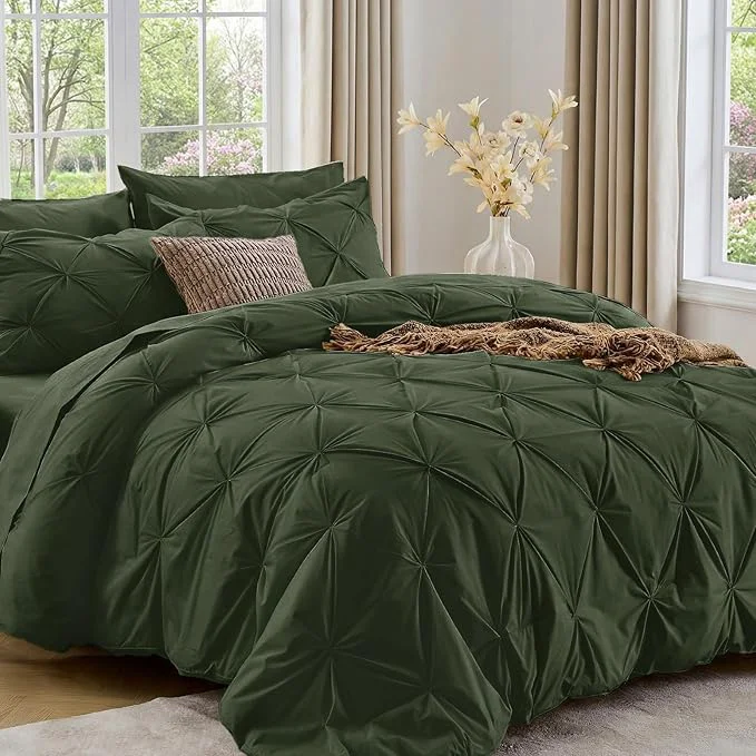 Solid Sasttie Queen Comforter Set 7-Piece Bed in a Bag Pintuck Bedding Set for All Season Includes Comforter Flat Sheet Fitted Sheet Pillowcases and Pillowshams Dark Green Smooth