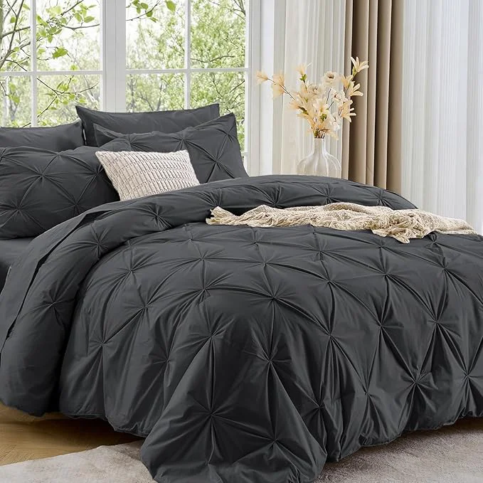 Luxury Sasttie King Size Comforter Set 7-Piece Bed in a Bag Pintuck Bedding Sets for All Season Includes Comforter Flat Sheet Fitted Sheet Pillowcases and Pillowshams Dark Grey Official