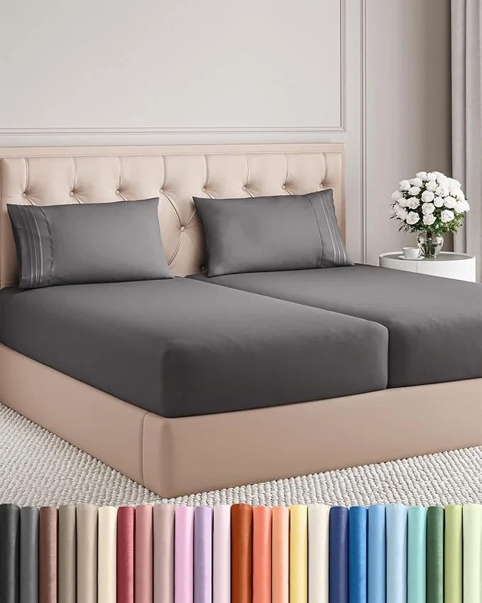 Secure Split King Size 5 Piece Sheet Set - Comfy Breathable amp Cooling Bed Sheets Set - Hotel Luxury Bedding for Women Men Kids Teens Boys amp Girls - Deep Pockets Soft Wrinkle - Oeko-Tex - Dark Grey Original Design