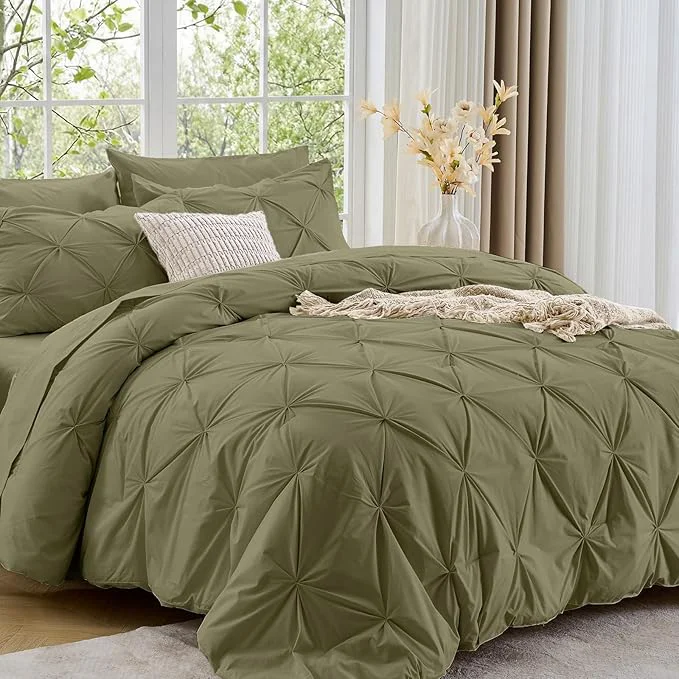 Stylish Sasttie California King Comforter Set 7-Piece Bed in a Bag Pintuck Bedding Sets for All Season Includes Comforter Flat Sheet Fitted Sheet Pillowcases and Pillowshams Olive Green Reusable