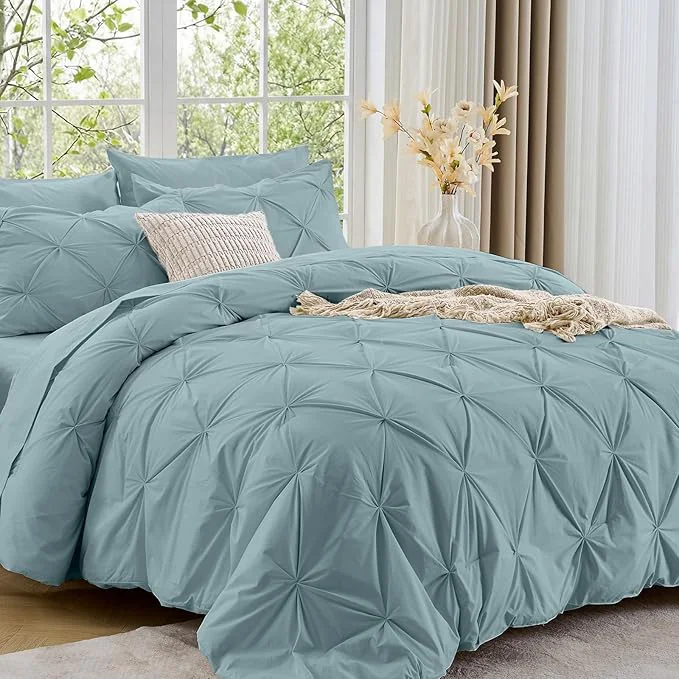 Exceptional Sasttie California King Comforter Set 7-Piece Bed in a Bag Pintuck Bedding Sets for All Season Includes Comforter Flat Sheet Fitted Sheet Pillowcases and Pillowshams Greyish Blue Relaxed