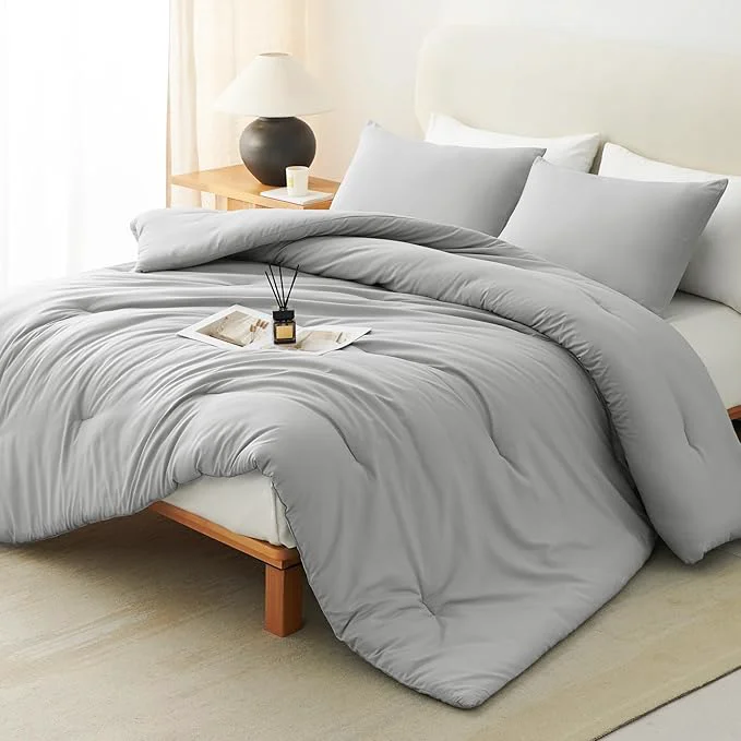 CozyLux Queen Comforter Set Light Grey 3 Pieces Solid Comforters Queen Size Breathable Bedding Sets Light Gray Luxury Soft Lightweight Bed Set with Down Comforter and 2 Pillowcases