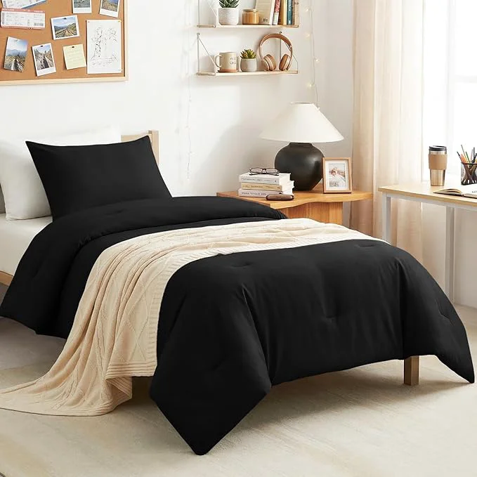 CozyLux Twin Twin XL Comforter Set Black 2 Pieces Twin Extra Long Solid Breathable Bedding Sets for College Dorm Luxury Soft Bed Set with Down Comforter and 1 Pillowcase All Seasons Smooth