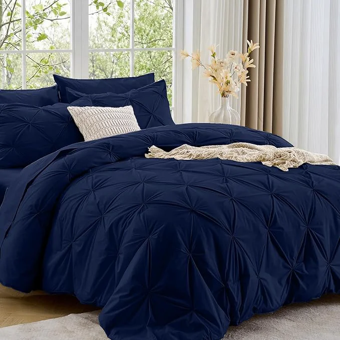 Reusable Sasttie Twin XL Comforter Set 5-Piece Bed in a Bag Pintuck Bedding Sets for All Season Includes Comforter Flat Sheet Fitted Sheet Pillowcase and Pillowsham Navy Luxury