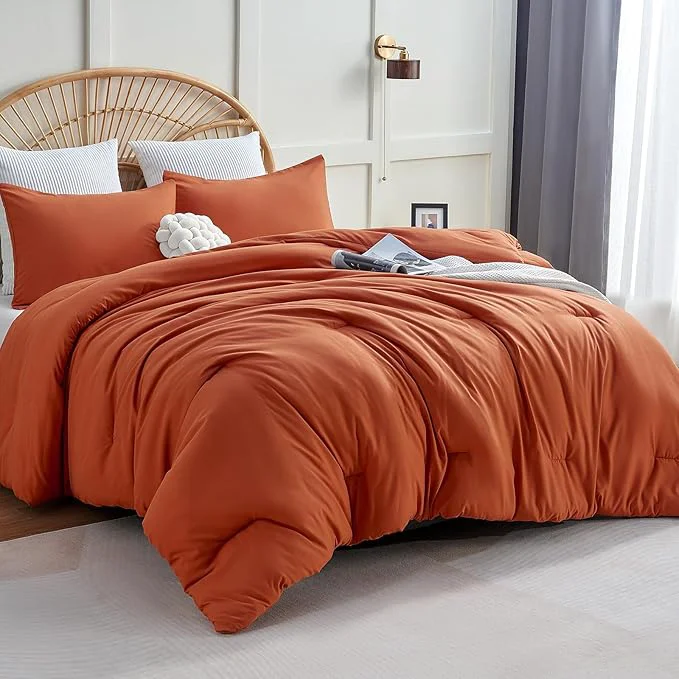 Minimalist CozyLux California King Comforter Set Burnt Orange 3 Pieces Cal King Terracotta Solid Breathable Bedding Sets Luxury Soft Lightweight Bed Set with Down Comforter and 2 Pillowcases First-Class