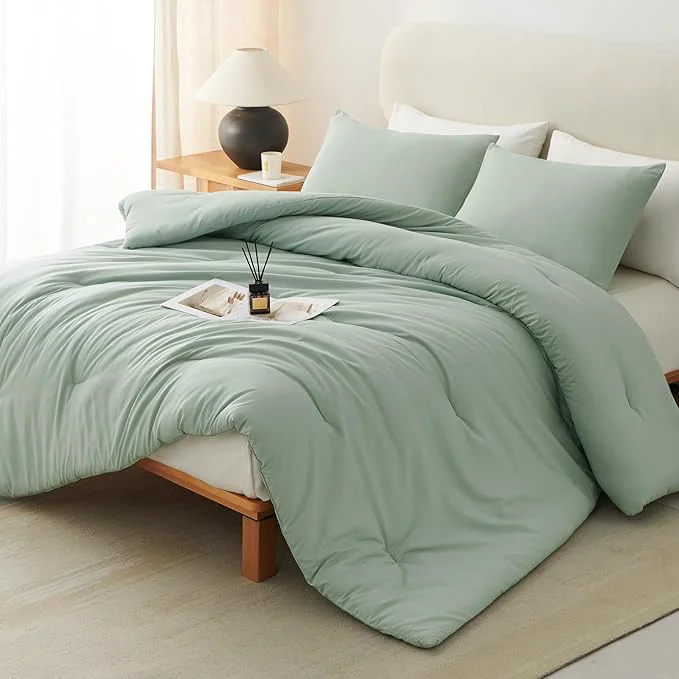 Dependable CozyLux King Size Comforter Set Sage Green 3 Pieces Solid Comforters King Size Breathable Quilted Bedding Sets Luxury Soft Lightweight Bed Set with Down Comforter and 2 Pillowcases
