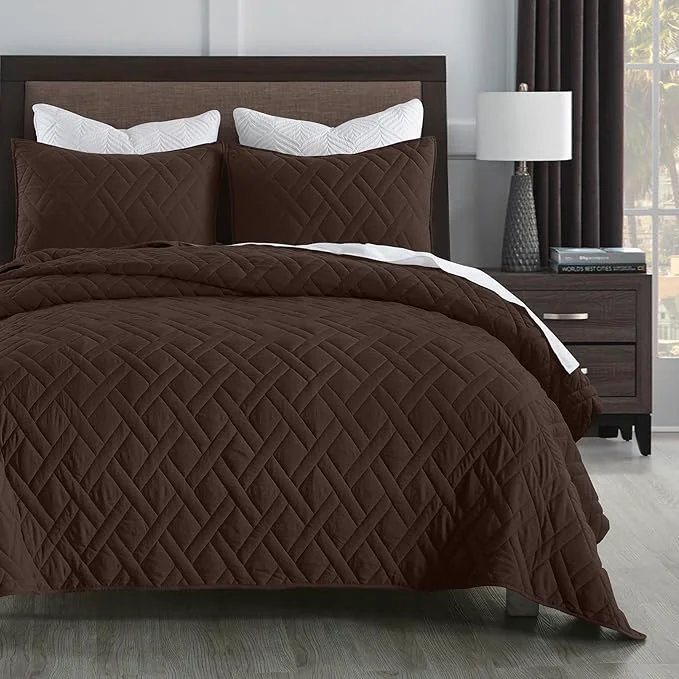 Outstanding HORIMOTE HOME Quilt Set Twin Size Chocolate Classic Geometric Diamond Stitched Pattern Ultra Soft Microfiber Lightweight Bedding Set Bedspread Coverlet for All Season with 1 Quilt 1 Pillow Sham Top-Quality