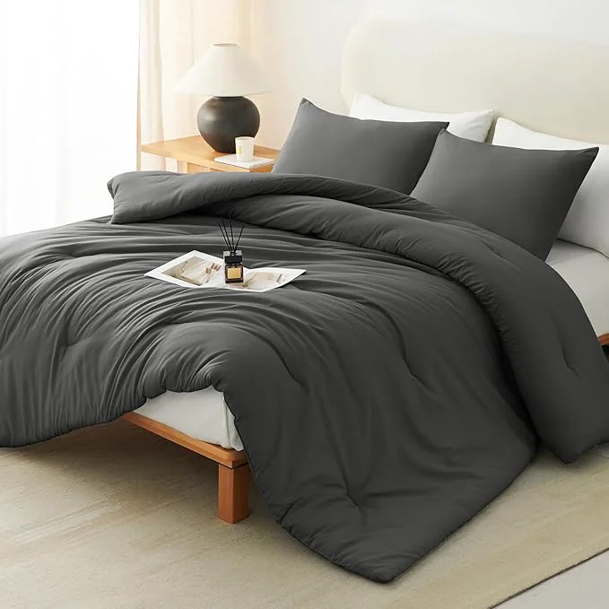 Fashionable CozyLux Full Size Comforter Set Dark Grey 3 Pieces Solid Breathable Quilted Bedding Sets Dark Gray Luxury Lightweight Soft Bed Set with Down Comforter and 2 Pillowcases for All Seasons Advanced
