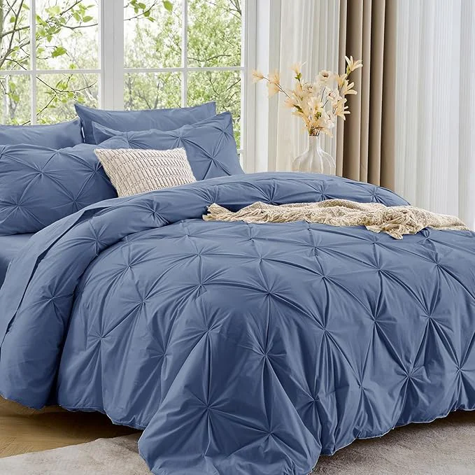 Soft Sasttie Queen Comforter Set 7-Piece Bed in a Bag Pintuck Bedding Sets for All Season Includes Comforter Flat Sheet Fitted Sheet Pillowcases and Pillowshams Slate Blue Trusted