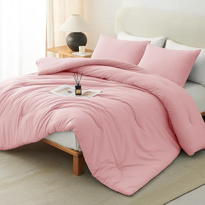 Smart CozyLux King Size Comforter Set Pink 3 Pieces Solid Comforters King Size Breathable Quilted Bedding Sets Luxury Soft Lightweight Bed Set with Down Comforter and 2 Pillowcases All Season User-Friendly
