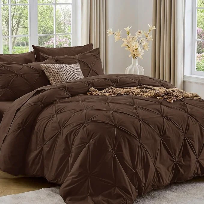 Smooth Sasttie King Size Comforter Set 7-Piece Bed in a Bag Pintuck Bedding Set for All Season Includes Comforter Flat Sheet Fitted Sheet Pillowcases and Pillowshams Dark Brown Fashionable