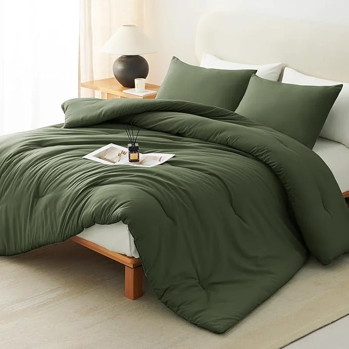 Premium Material CozyLux Oversized King Comforter Set Olive Green 3 Pieces 120x98 Solid Breathable Quilted Bedding Sets All Seasons Luxury Soft Lightweight Bed Set with Down Comforter and 2 Pillowcases Crafted