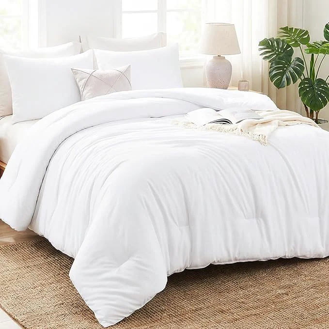 Casual CozyLux Full Size Comforter Set White 3 Pieces Solid Breathable Quilted Bedding Sets Luxury Lightweight Soft Bed Set with Down Comforter and 2 Pillowcases for All Seasons High-Grade