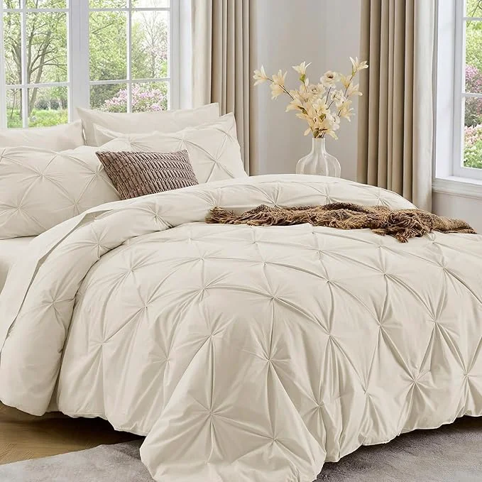 Classic Sasttie Full Size Comforter Set 7-Piece Bed in a Bag Double Pintuck Bedding Set for All Season Includes Comforter Flat Sheet Fitted Sheet Pillowcases and Pillowshams Beige Clean