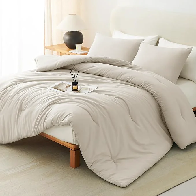 Verified CozyLux Full Size Comforter Set Beige 3 Pieces Solid Breathable Quilted Bedding Sets Luxury Lightweight Soft Bed Set with Down Comforter and 2 Pillowcases for All Seasons Sophisticated