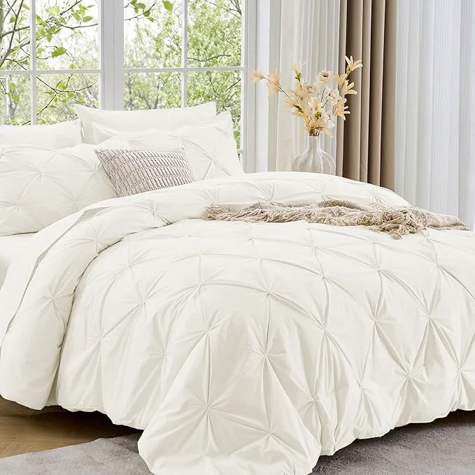 Optimized Sasttie California King Comforter Set 7-Piece Bed in a Bag Pintuck Bedding Sets for All Season Includes Comforter Flat Sheet Fitted Sheet Pillowcases and Pillowshams Ivory Relaxed