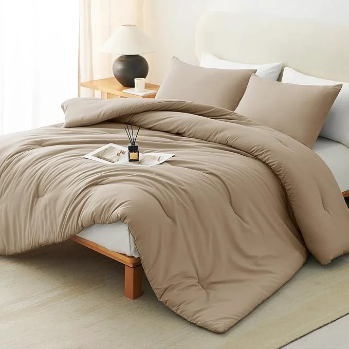 High-Grade CozyLux Full Size Comforter Set Taupe 3 Pieces Solid Breathable Quilted Bedding Sets Luxury Lightweight Soft Bed Set with Down Comforter and 2 Pillowcases for All Seasons Elite