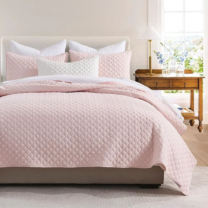 Fashionable HORIMOTE HOME Quilt Queen Size Light Pink Lightweight Quilts for Summer Ultra-Soft Microfiber Modern Style Quilted Clouds Pattern Bedspread Quit Set 3 Pieces 1 Quilt and 2 Pillow Shams Functional