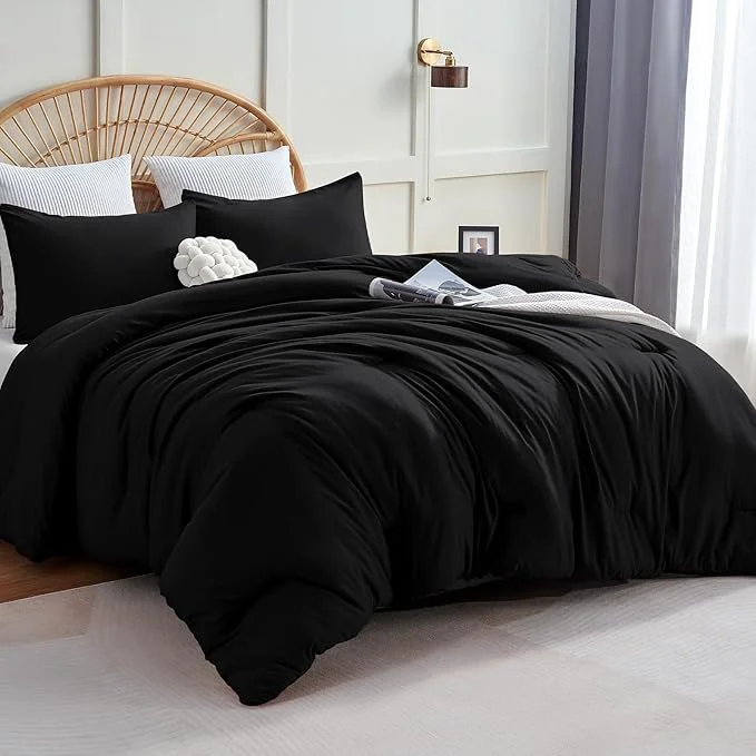 Stylish CozyLux Comforter Full Size Set Black 3 Pieces Solid Lightweight Soft Bed Set for All Season Luxury Breathable Quilted Style Microfiber Down Bedding Sets 1 Comforter amp 2 Pillowcases Efficient