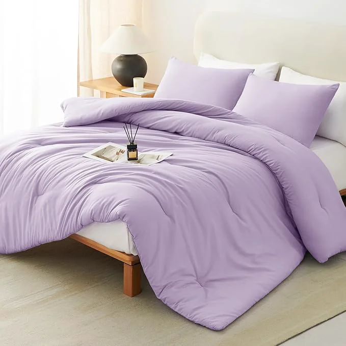 Quality CozyLux Lavender Queen Comforter Set 3 Pieces Light Purple Solid Breathable Quilted Boho Bedding Sets Luxury Fluffy Soft Bed Set with Down Comforter and 2 Pillowcases for All Season Responsible