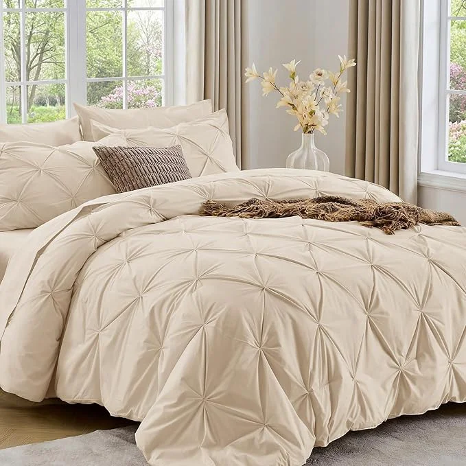 Soft Sasttie Full Size Comforter Set 7-Piece Bed in a Bag Double Pintuck Bedding Set for All Season Includes Comforter Flat Sheet Fitted Sheet Pillowcases and Pillowshams Warm Beige Premium Material