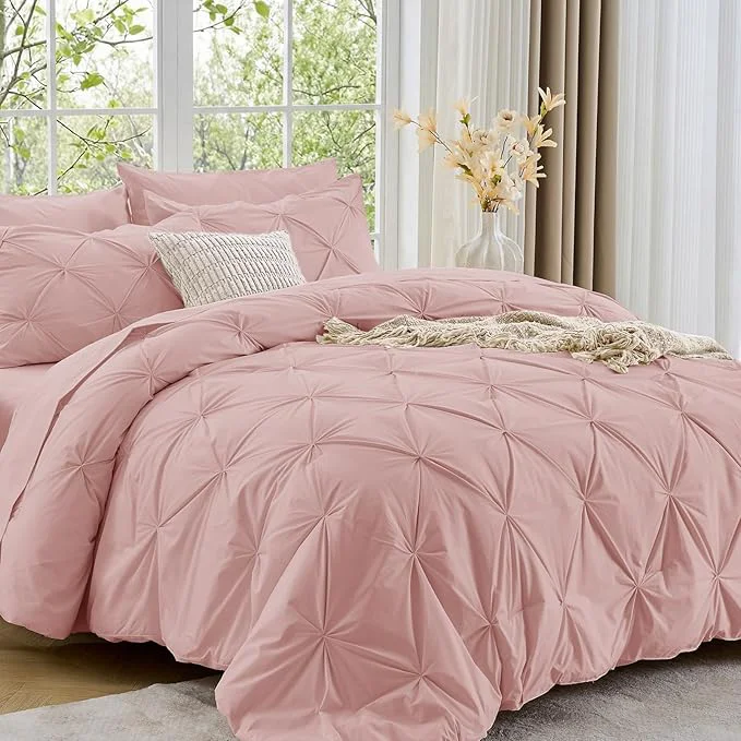 Secure Sasttie Full Size Comforter Set 7-Piece Bed in a Bag Pintuck Bedding Set for All Season Includes Comforter Flat Sheet Fitted Sheet Pillowcases and Pillowshams Rose Gold Refined