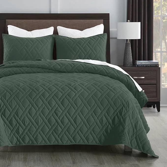 Quality HORIMOTE HOME Quilt Set Queen Size Dark Green Classic Geometric Diamond Stitched Pattern Ultra Soft Microfiber Lightweight Bedding Bedspread Coverlet for All Season with 1 Quilt 2 Pillow Shams Convenient