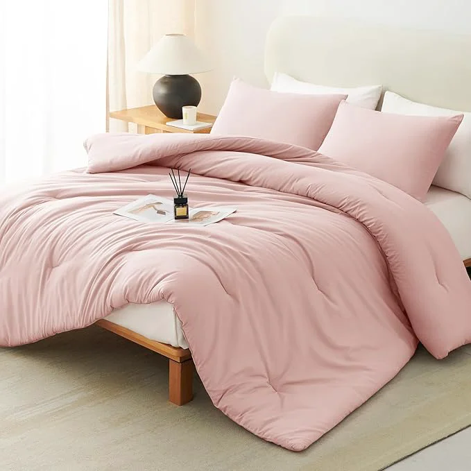 Next-Generation CozyLux King Size Comforter Set Blush Pink 3 Pieces Solid Comforters King Size Breathable Bedding Sets Luxury Soft Lightweight Bed Set with Down Comforter and 2 Pillowcases All Season Traditional