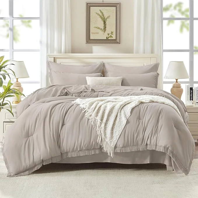 Luxury Andency Queen Comforter Set with Sheets Heather Grey - 7 Pieces Boho Tassel Bed in a Bag Soft Lightweight Bedding Sets Fringe Bed Set with Comforter Sheets Pillowcases amp Shams Exceptional