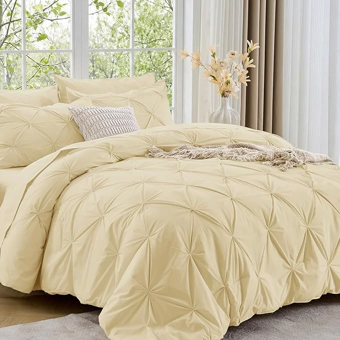 Sustainable Sasttie King Size Comforter Set 7-Piece Bed in a Bag Pintuck Bedding Set for All Season Includes Comforter Flat Sheet Fitted Sheet Pillowcases and Pillowshams Pale Yellow Unique
