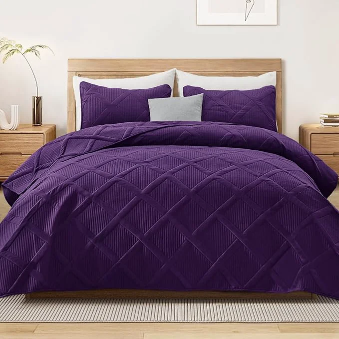 Efficient Exclusivo Mezcla Oversized King Quilt Set- Deep Purple Cal King Quilts Bedding Set with 2 Pillow Shams Modern Bedspread with Striped Pattern Soft Lightweight Bedspreads Coverlets for All Seasons Certified