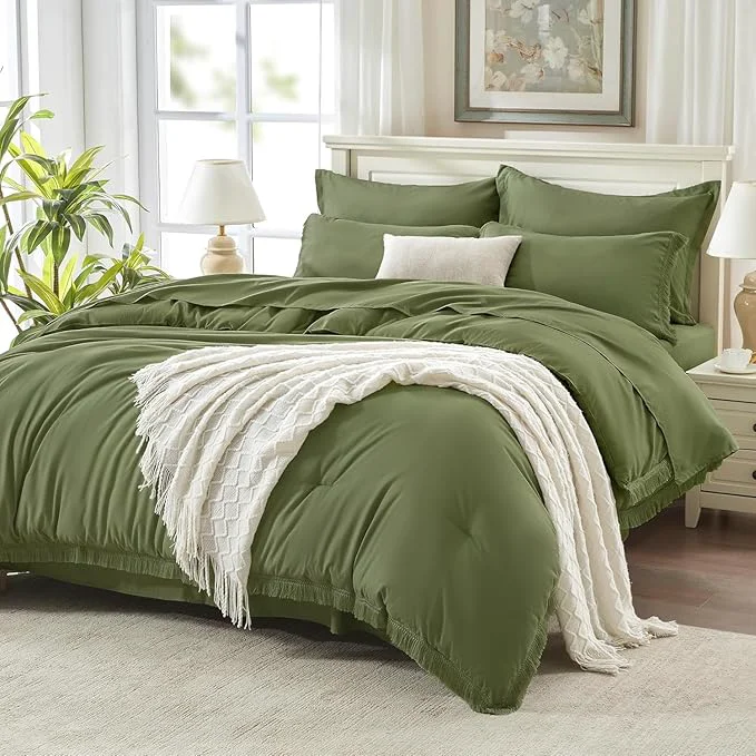 Traditional Andency Oversized King Comforter Set Olive Green 120x98-7 Pieces Boho Tassel Bed in a Bag Soft Lightweight Bedding Sets Fringe All Season Bed Set with Comforter Sheets Pillowcases amp Shams Excellent