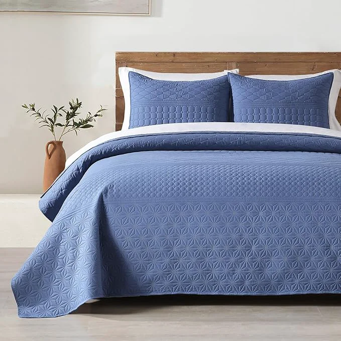 Innovative HORIMOTE HOME Denim Blue King Size Quilt Set - Soft Microfiber Bedspread with 2 Shams Lightweight amp All-Season Geometric Coverlet for Cozy Bedding Premium