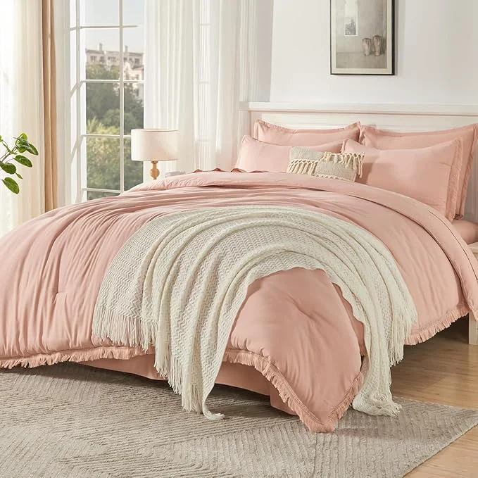Smooth Andency Oversized King Comforter Set Pink 120x98-7 Pieces Boho Tassel Bed in a Bag Soft Lightweight Bedding Sets Fringe All Season Bed Set with Comforter Sheets Pillowcases amp Shams Environmentally Friendly