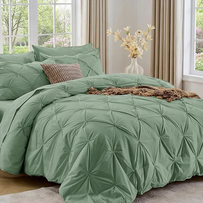Outstanding Sasttie King Size Comforter Set 7-Piece Bed in a Bag Pintuck Bedding Set for All Season Includes Comforter Flat Sheet Fitted Sheet Pillowcases and Pillowshams Sage Green Secure