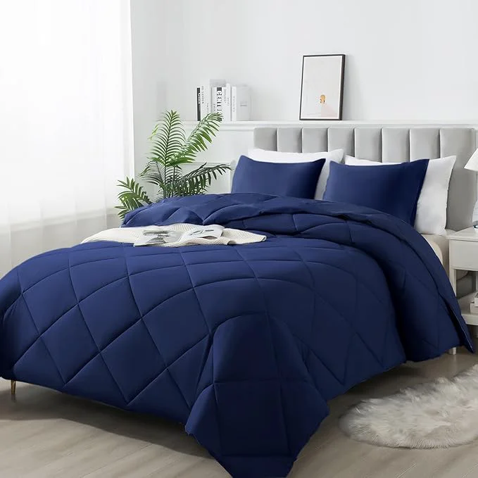 Top-Quality 3-Piece King Comforter Set All-Season Soft amp Hypoallergenic amp Breathable Bedding Polyester Quilted Down Comforter 1 amp Pillowcases 2 Dark Blue Smart